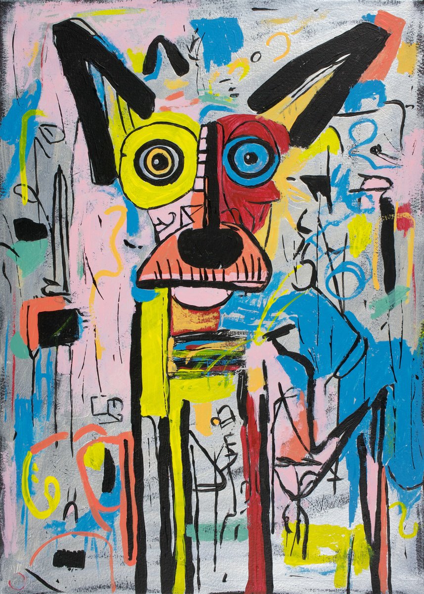 Expressive Animal Acrylic Painting By Kosta Morr, 12 X 17", Self-Portrait Of Basquiat