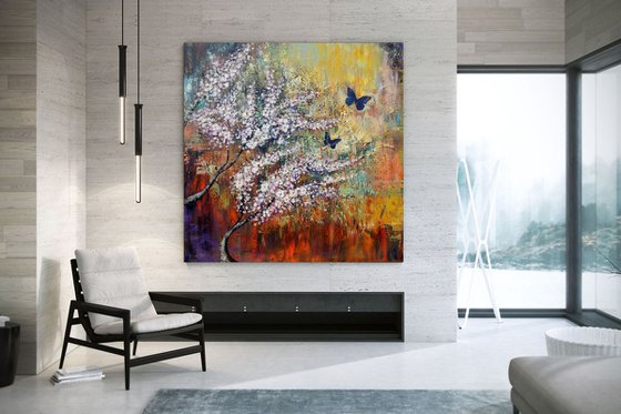 Two butterflies, flowers butterflies landscape large painting