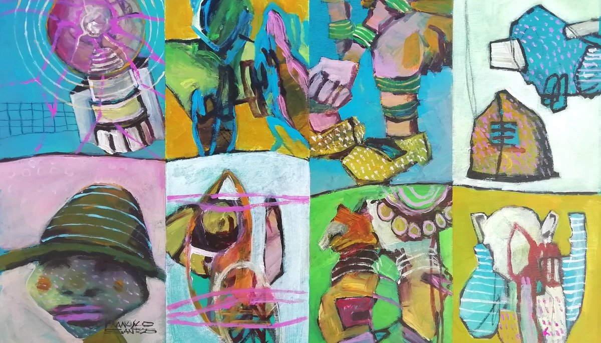 Expressive Portrait Acrylic Painting By Francisco Santos, 20 X 12, Abstract Fragments 12, Original Artwork