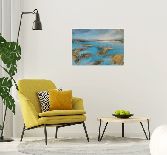 A large abstract beautiful structured mixed media painting of a lake "On the lakeshore"