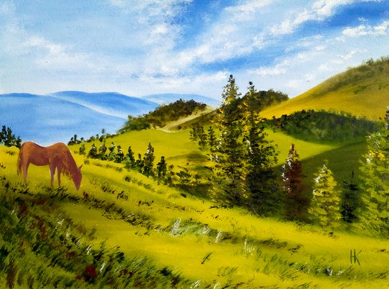 Carpathians Painting Mountains Original Art Ukraine Landscape OIl Artwork Horse Home Wall Art 16 by 12" by Halyna Kirichenko