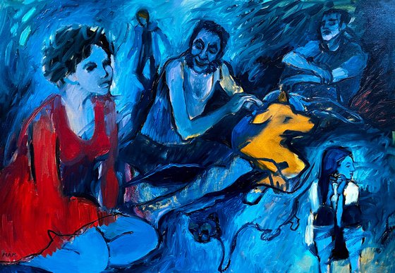 MY FRIENDS - modern figurative portrait art, navy blue picture with people and a dog