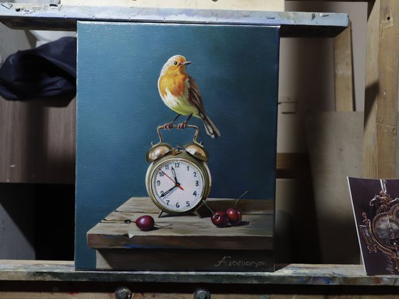 Still life with bird and Old watch-1(24x30cm, oil painting, ready to hang)