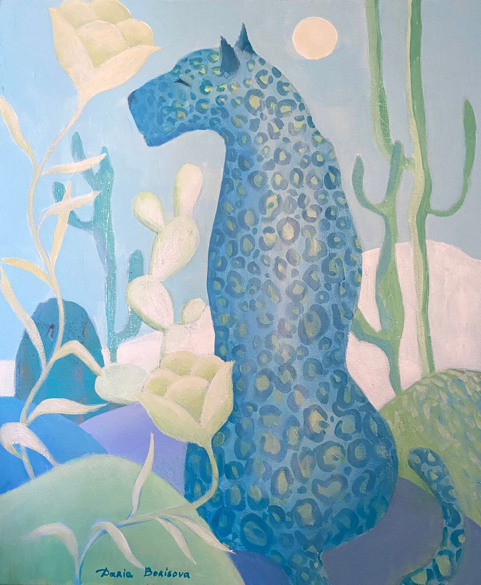 Surrealistic Animal Acrylic Painting By Daria Borisova, 20 X 24, Blue Leopard., Original Artwork