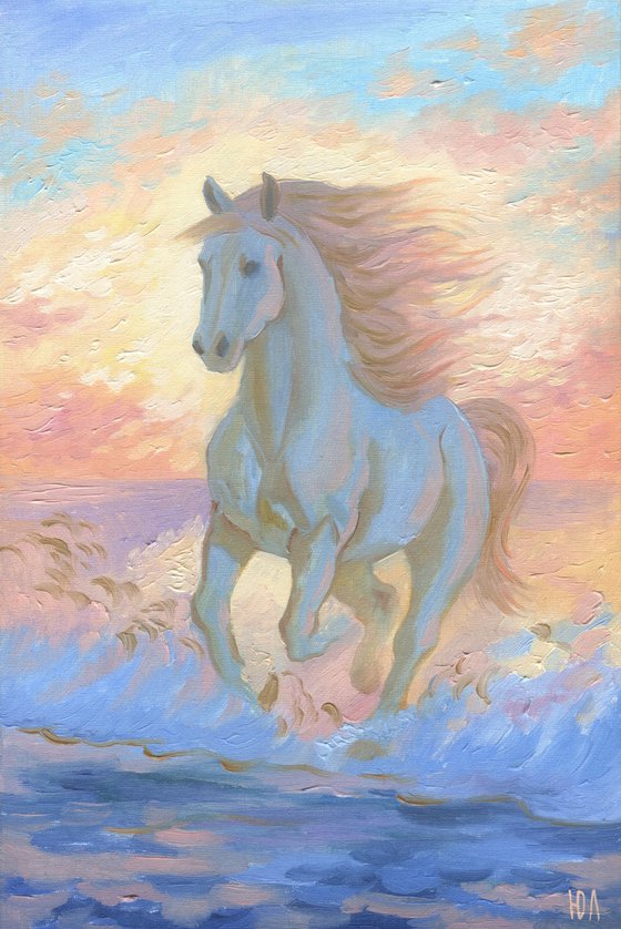 Horse at sunset sea waves