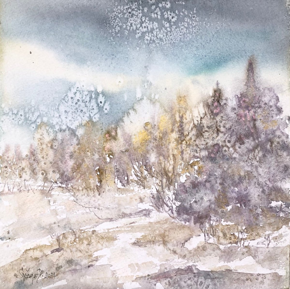 Impressionistic Landscape Watercolour By Snezana Djordjevic, 10 X 10", Winter Silence, Original Artwork