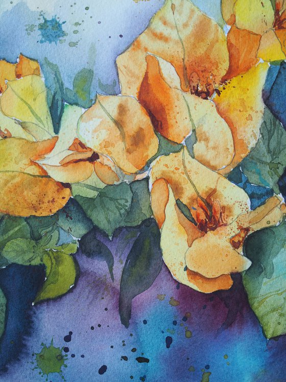 Branch of yellow bougainvillea - original watercolor expressive flowers