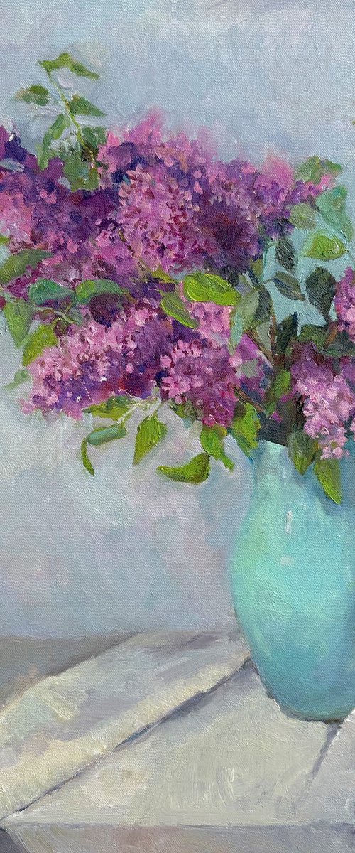 Lilac in a turquoise jug by Anna Novick