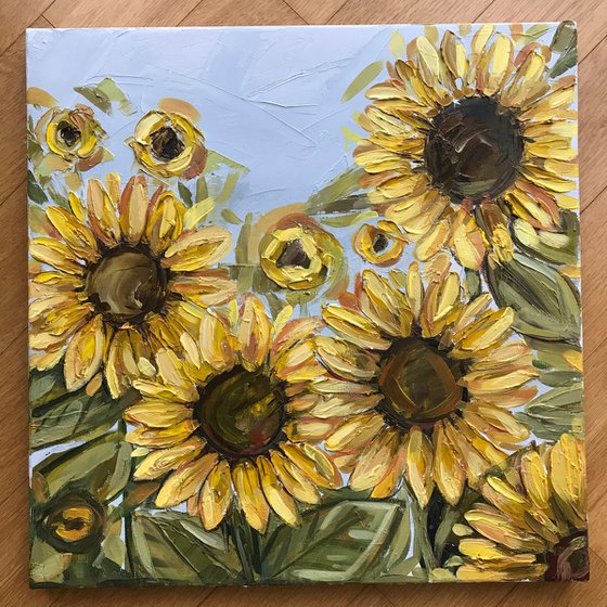 Sunflowers oil impasto painting 38x38cm