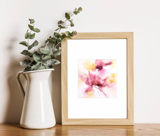 Pink flowers. Small watercolor floral painting set of 2