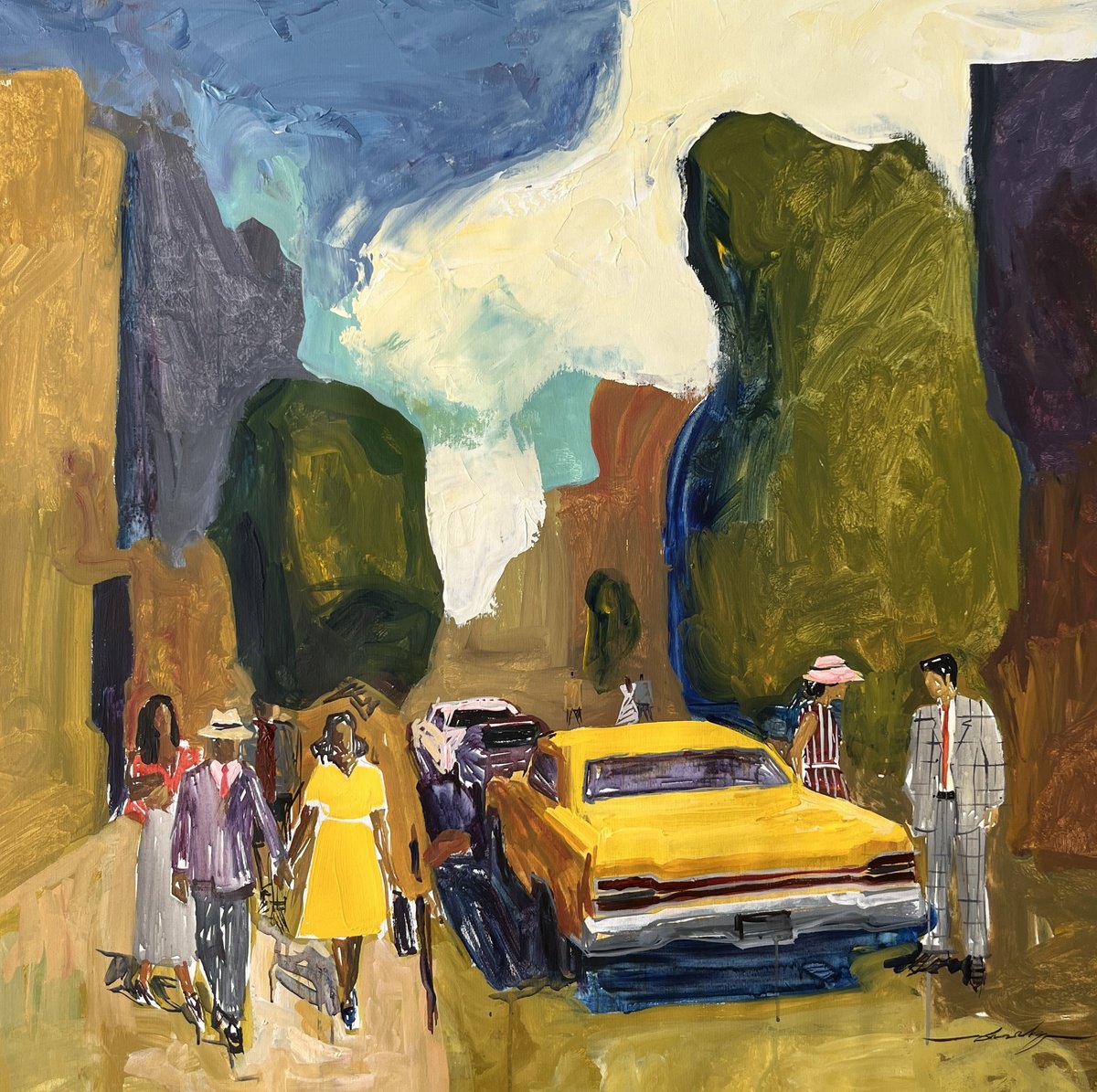 Abstract Cityscapes Acrylic Painting By Jacob Burda, 36 X 36, Stroll In The Sun, Original Artwork