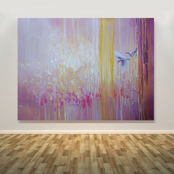 A Piece of Magic - a pink abstract painting with birds and wildflowers