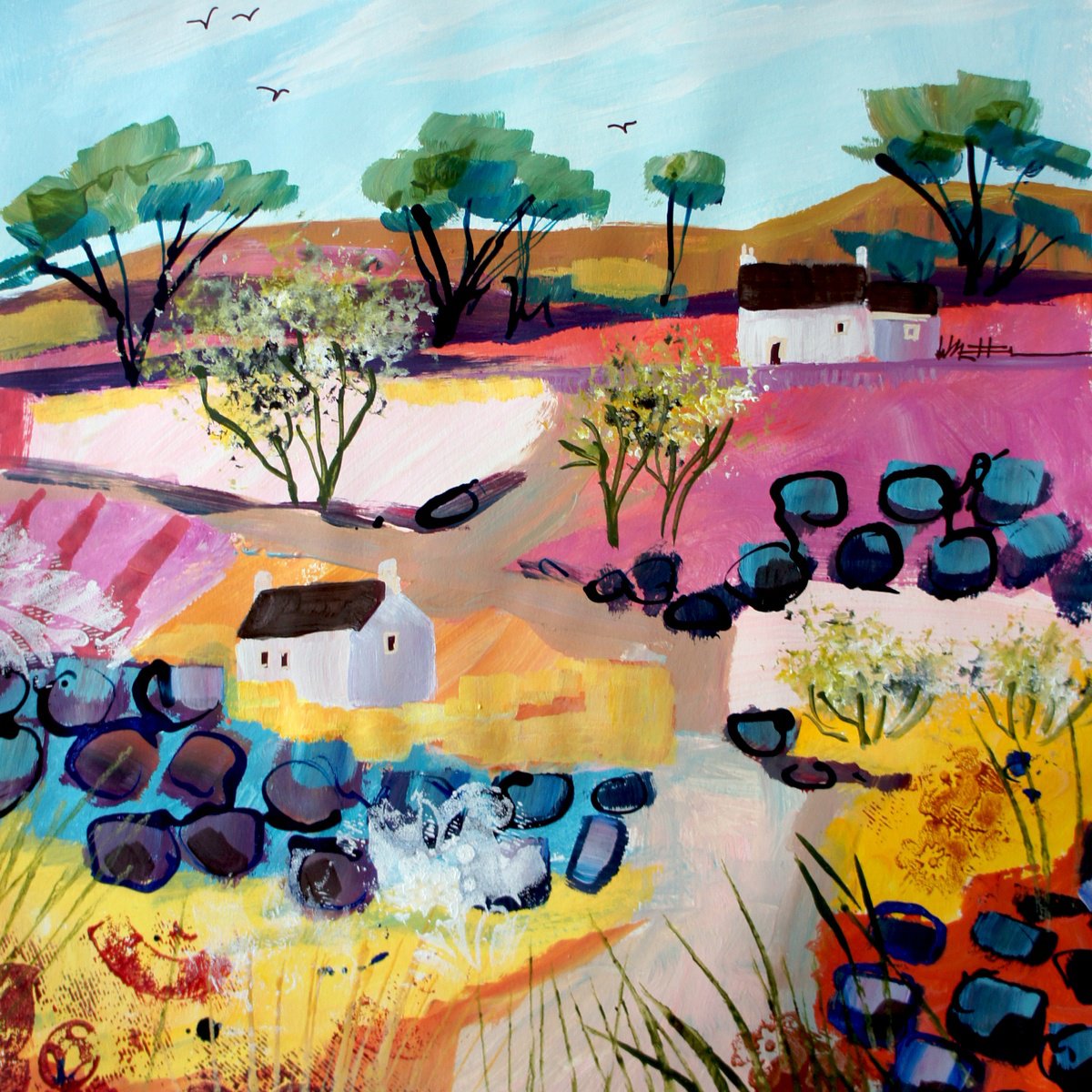 Impressionistic Landscape Acrylic Painting By Julia Rigby, 20 X 20", Cottages In The Dales, Original Artwork