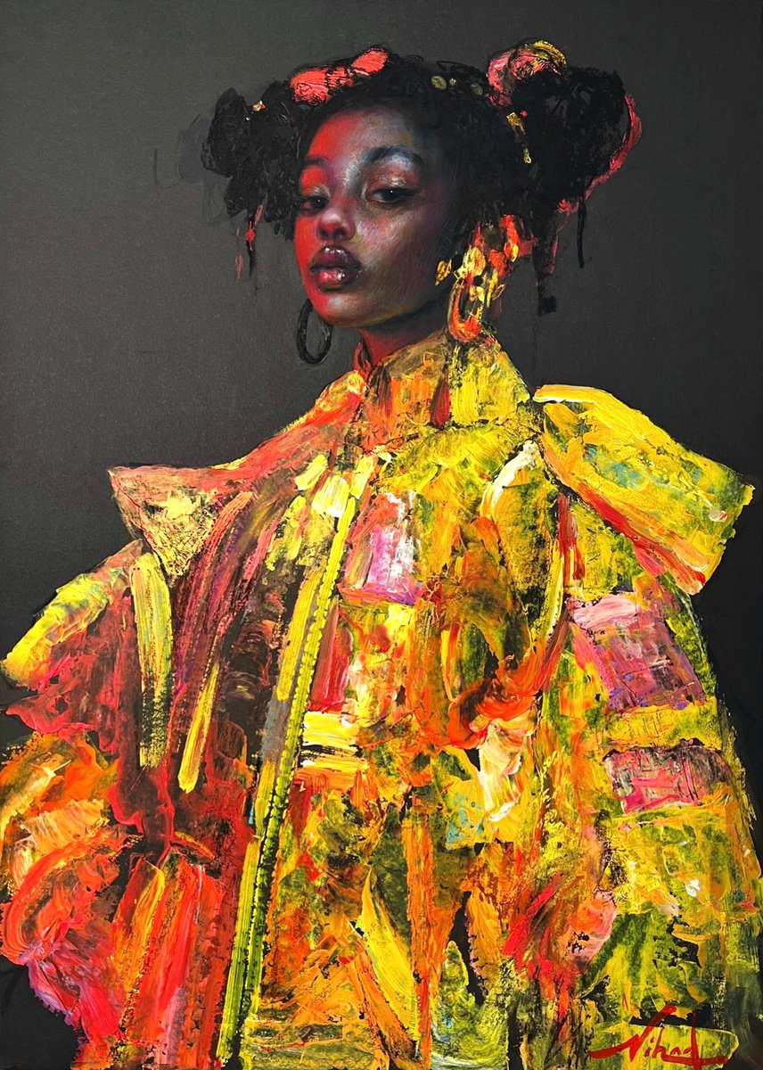 Expressive Portrait Drawing By Nihad Aghazada, 22 X 30", - Golden Armor Of The Soul - ?, Original Artwork