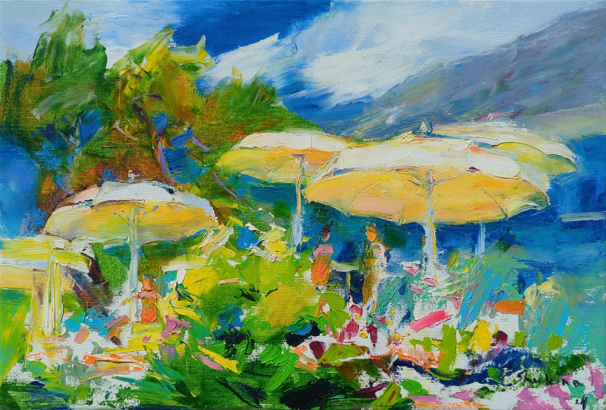 Expressive Landscape Oil Painting By Helen Shukina, 18 X 12, Sunny Mood Near The Sea, Original Artwork