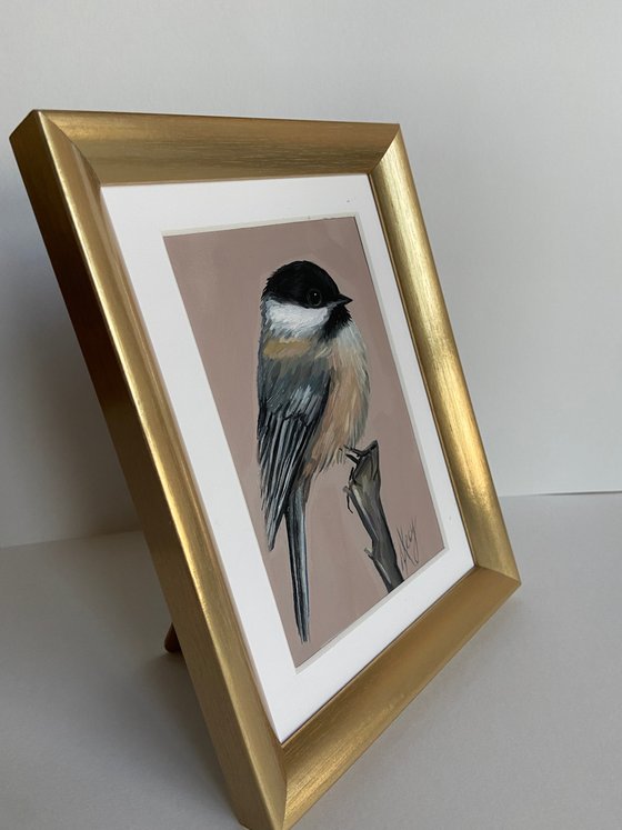 Chickadee  Bird painting mini art framed 15x20cm cute mini art