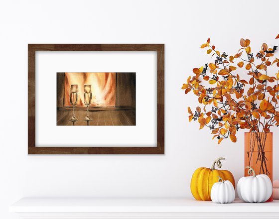 Cozy evening by the fireplace. Two glasses of champagne by the fireplace. Original watercolor artwork.