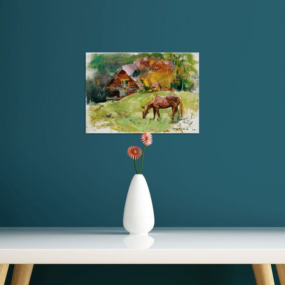 Moments of autumn in the mountains | Landscape with a horse and a house | A la prima etude | Original oil painting