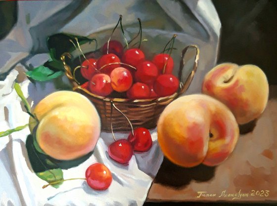 Still life with cherries (40x30cm, oil painting, ready to hang)