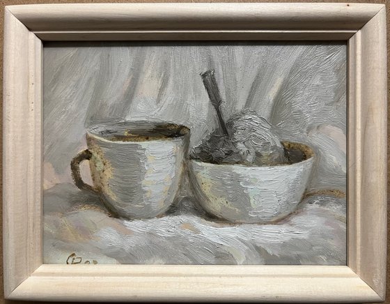 Ukrainian breakfast with a cup of coffee original oil painting