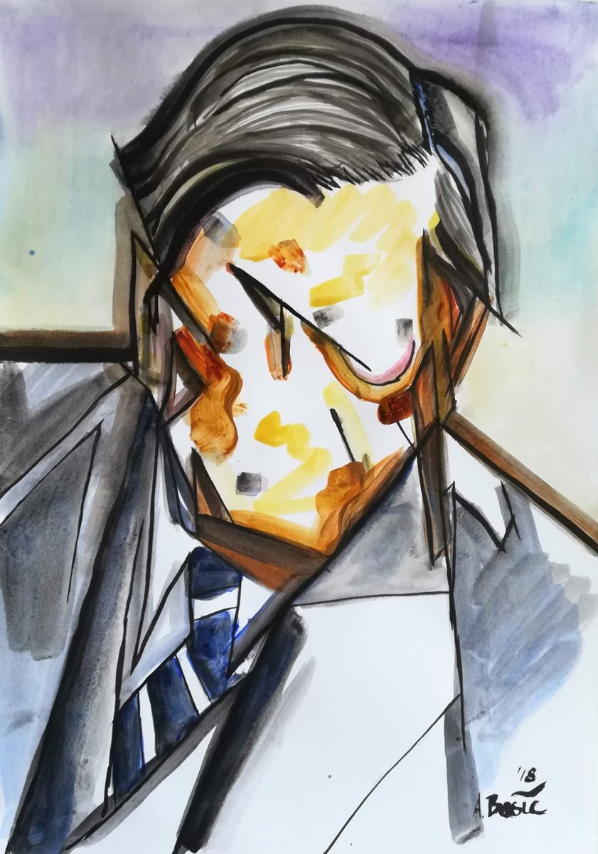 Geometric Portrait Painting By Aleksandar Basic, 12 X 17, Giorgio De Chirico, Original Artwork