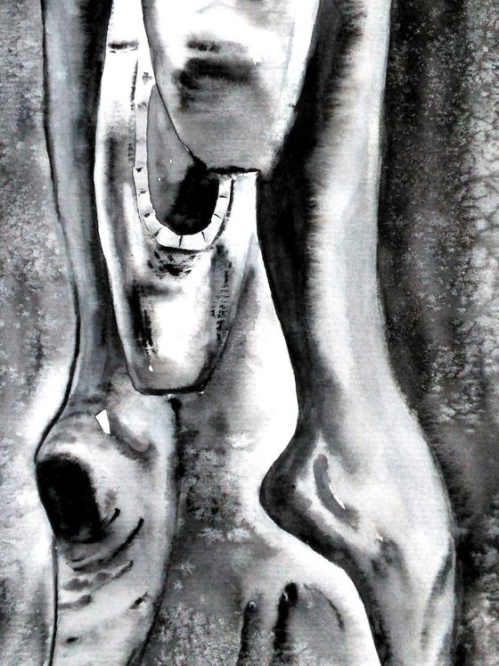 Pointe Shoes Painting Original Watercolor Artwork Ballet Feet Black Monochrome Art 8 by 12"