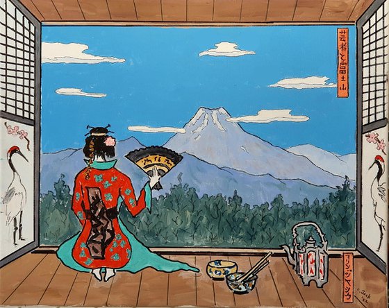mount fuji with kneeling geisha