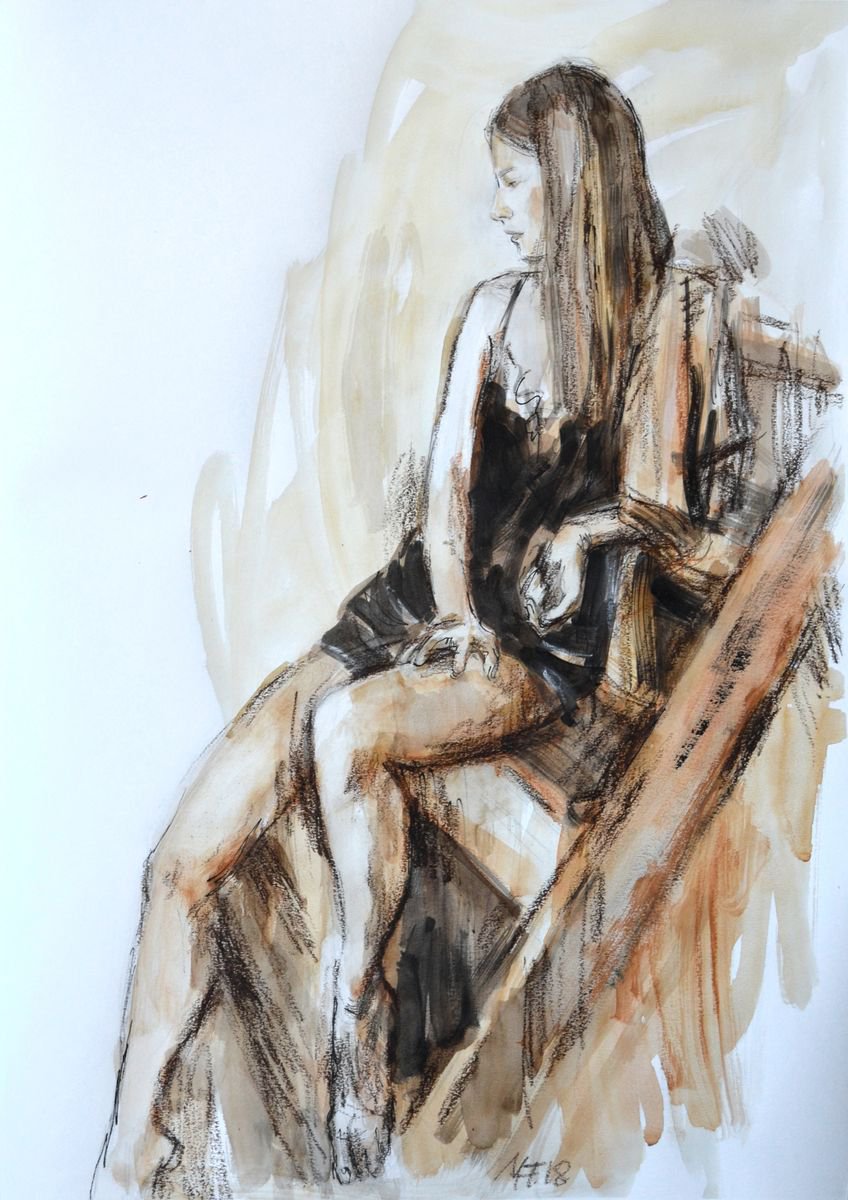 Expressive Portrait Ink Drawing By Nelina Trubach-Moshnikova, 20 X 28", Girl Sitting On A Stairs, Original Artwork