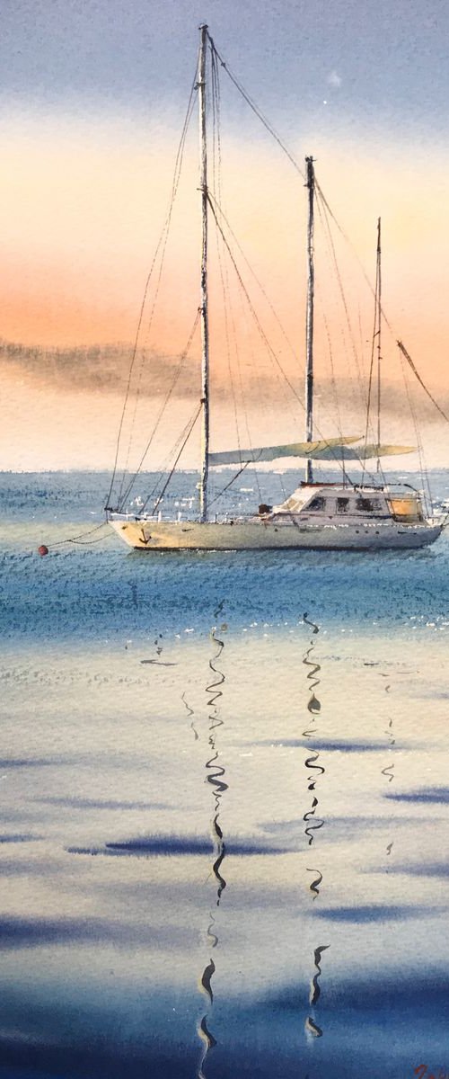 Sailing Yacht on a foggy morning by Eugenia Gorbacheva