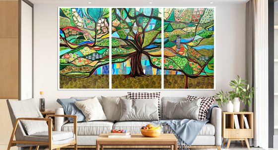 Huge green abstract painting Tree of life. Large abstract wall art