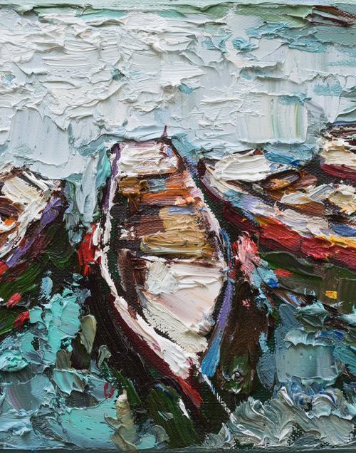 Boats in the bay - Original oil painting by Anastasiia Valiulina