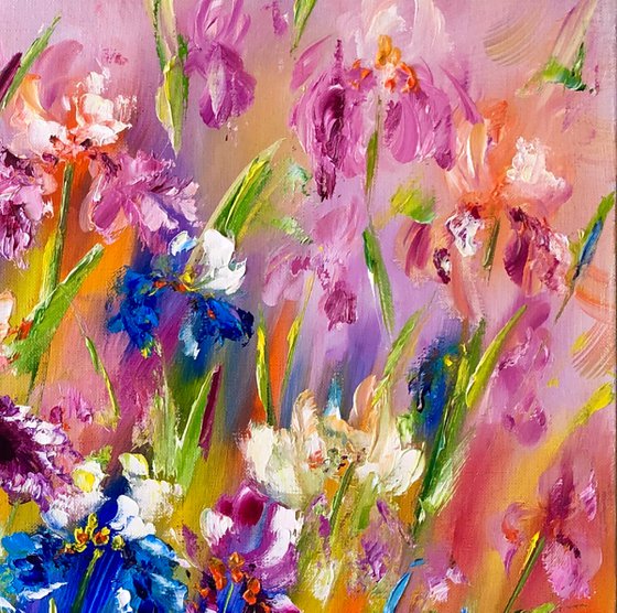 MESSENGERS OF BRIGHTNESS - Irises. Rainbow flower. Juicy colors. Flower meadow. Summer. Good mood. 3d flowers. Texture.