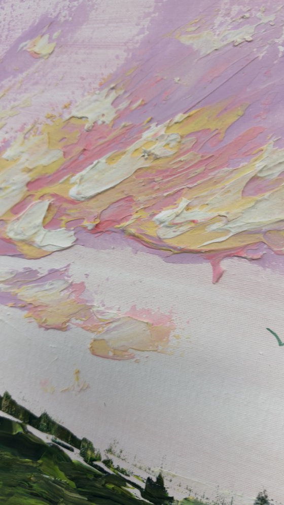 Impressionistic impasto clouds pink green