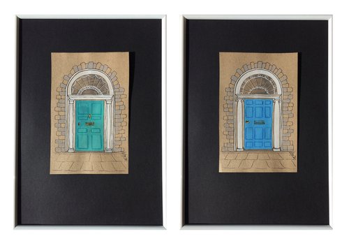 Azure and turquoise doors - Set of 2 architecture mixed media drawings by Olga Ivanova