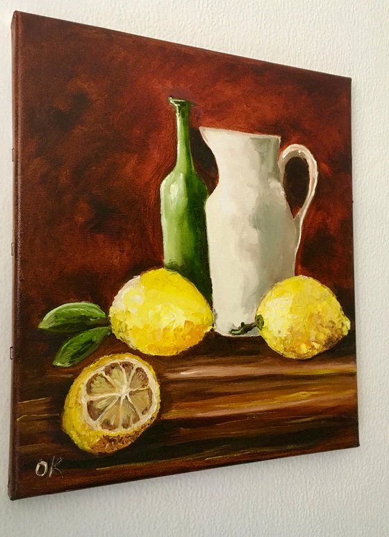 Bottles and lemons.  Still life. Palette knife painting on linen canvas
