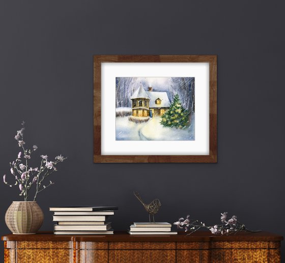 Waiting for guests. Cozy cottage with a decorated Christmas tree in the yard. Watercolor artwork.