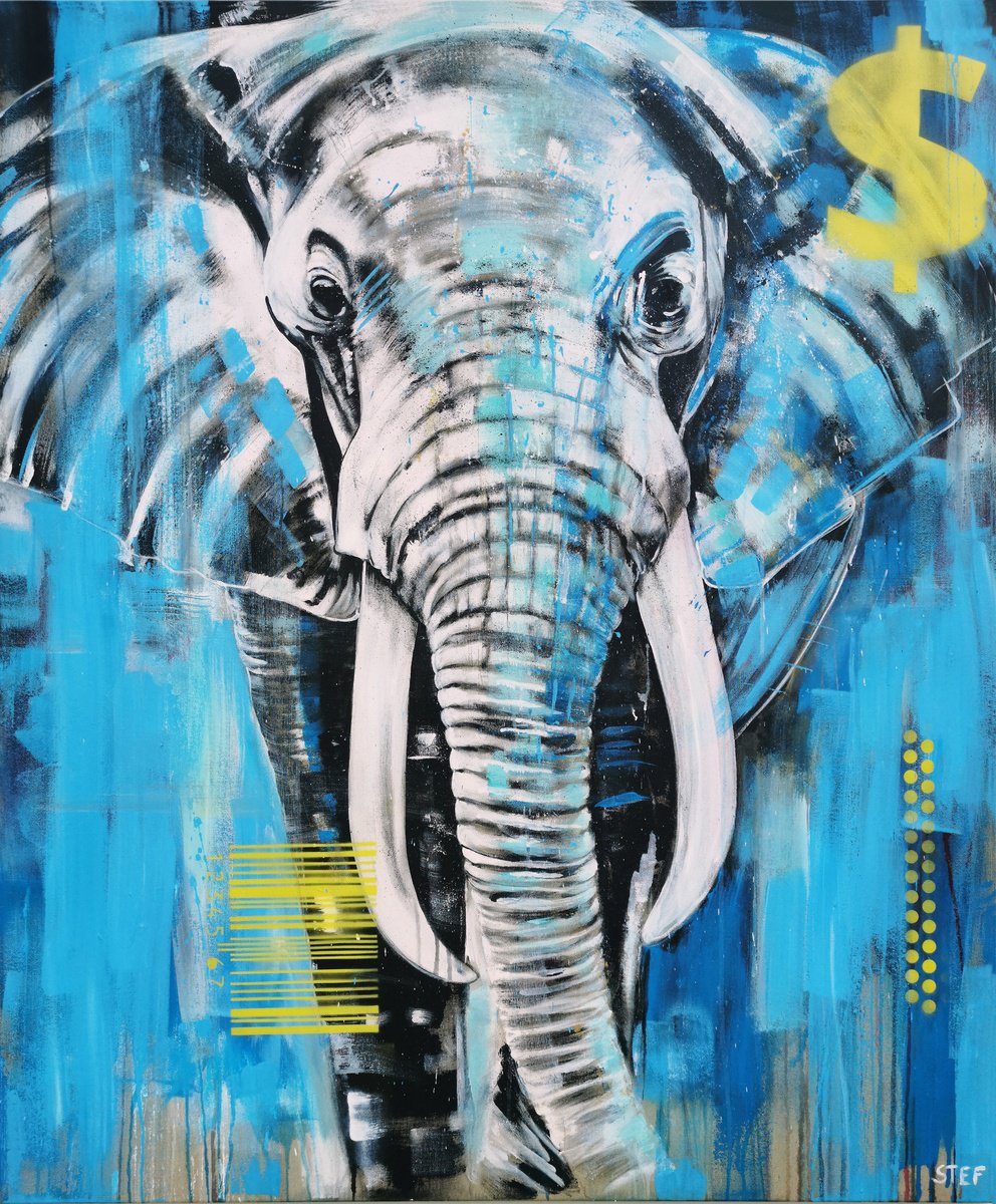 Expressive Animal Acrylic Painting By Stefanie Rogge, 39 X 47", Elephant #27 - Red List, Original Artwork