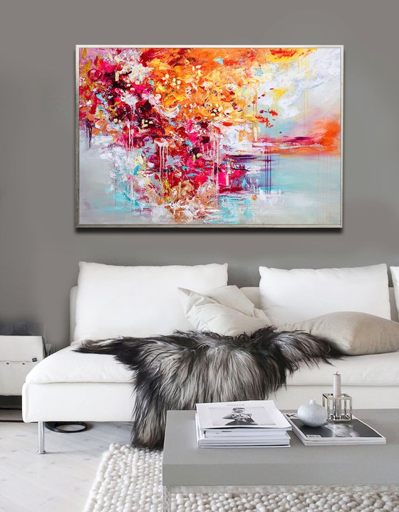 Vivid Dream - 48" Abstract Floral Painting, White Gray, Large Canvas, Gold Leaf, Minimalist Painting, Living Room Painting