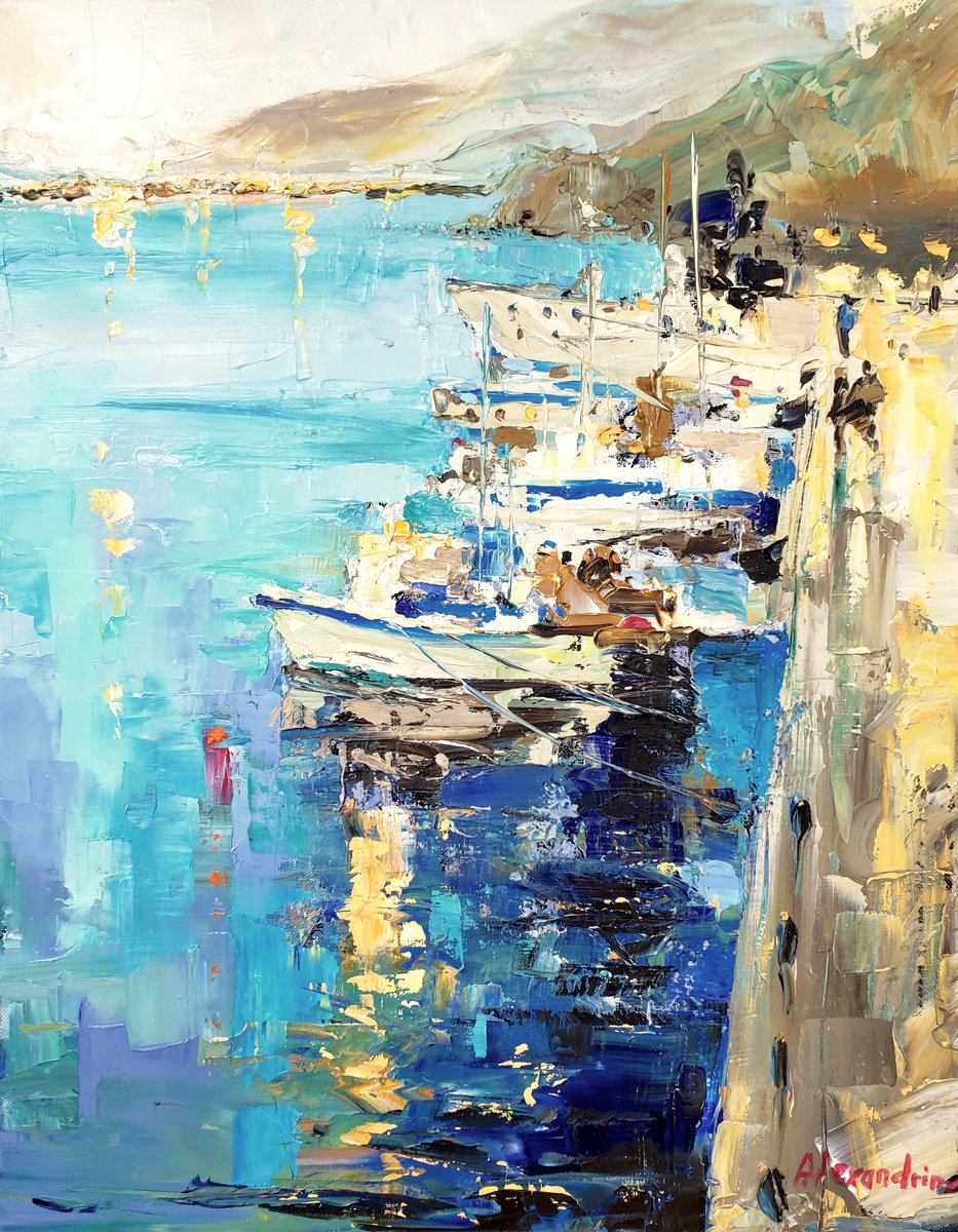 Impressionistic Landscape Oil Painting By Irina Alexandrina, 16 X 20, Boats. Evening., Original Artwork