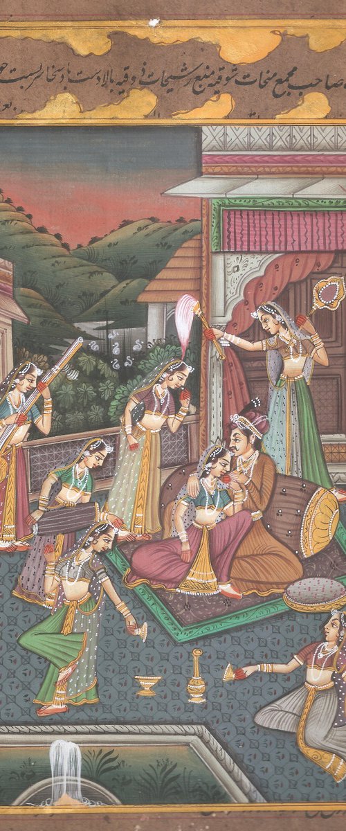 Mughal Love Scene on Antique Paper by Mukesh Swami
