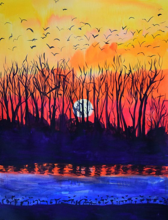 Big watercolor painting Autumn sunset