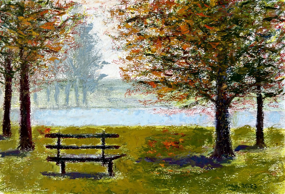 Impressionistic Painting , Park Bench In Autumn By Uma Krishnamoorthy, 15 X 11, Artwork For Sale On Artfinder