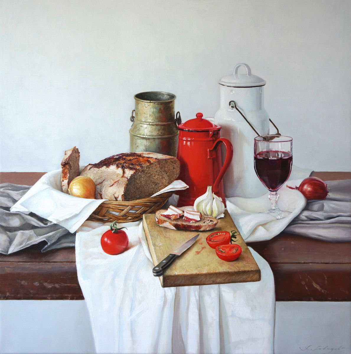 Photorealistic Still Life Oil Painting By Sergej Sologub, 37 X 37", Still Life With Red Coffee Pot And Bread, Original Artwork