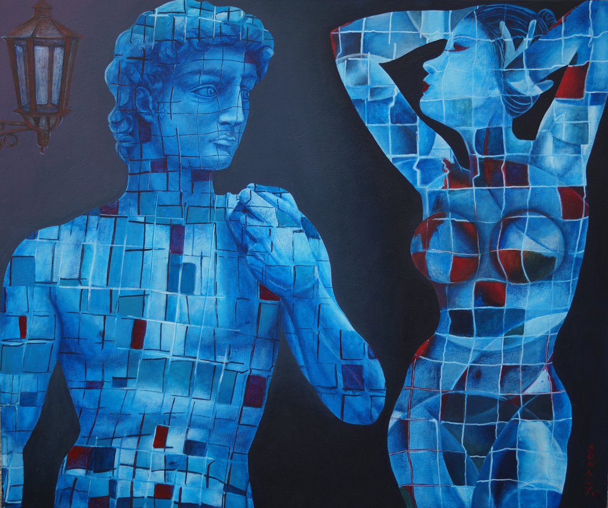 Urban And Pop Portrait Acrylic Painting By Sonaly Gandhi, 36 X 30", Admiring David, Original Artwork