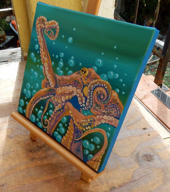 Octopus Marine Wildlife Original Art Painting-10 x 10 Inch Stretched Canvas-Carla Smale