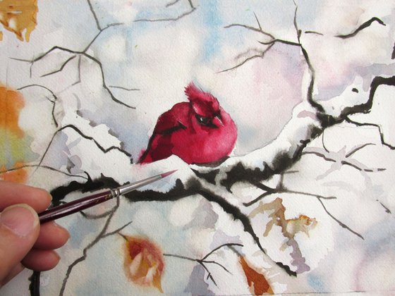 a painting a day # 47 "Cardinal in winter"