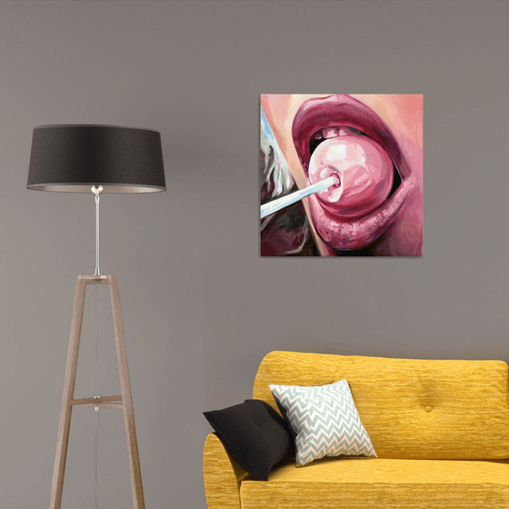 CHUPA CHUPS - original oil painting, pink, lips, gift, home decor, office decor, wall art,