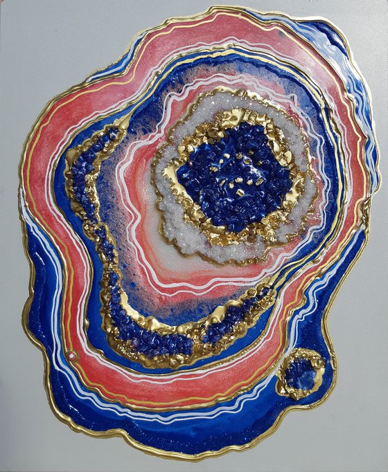 Agate geode  Gold, Coral ,Sapphire