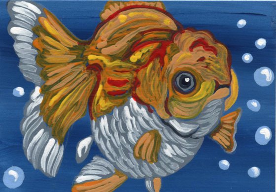 ACEO ATC Original Miniature Painting Oranda Goldfish Pet Art-Carla Smale