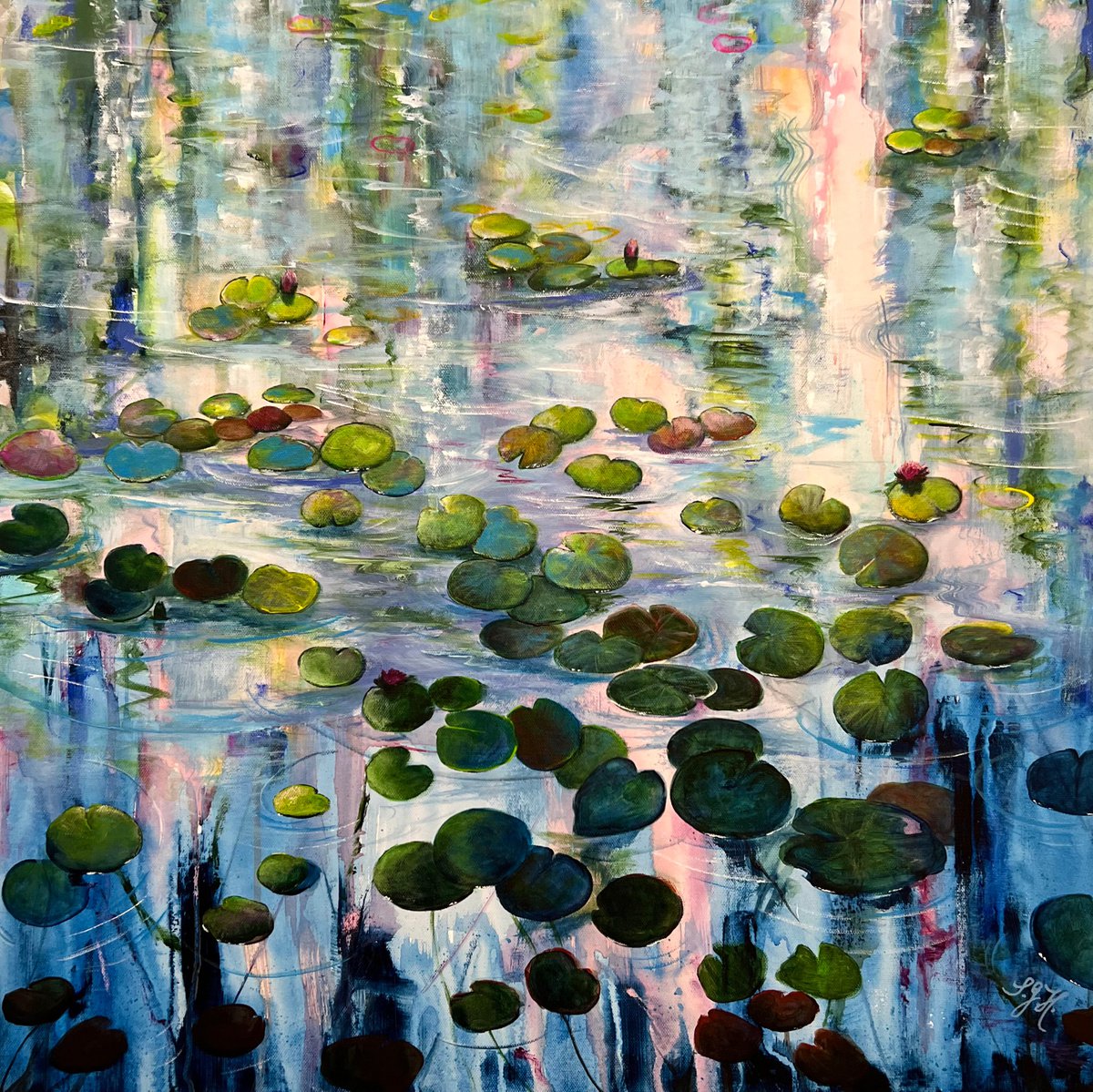 Impressionistic Botanical Acrylic Painting By Sandra Gebhardt-Hoepfner, 24 X 24", Water Lilies At Sunset 1, Original Artwork